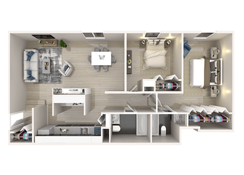 Floor plan for 2 beds, 2 baths, 1107 sqft